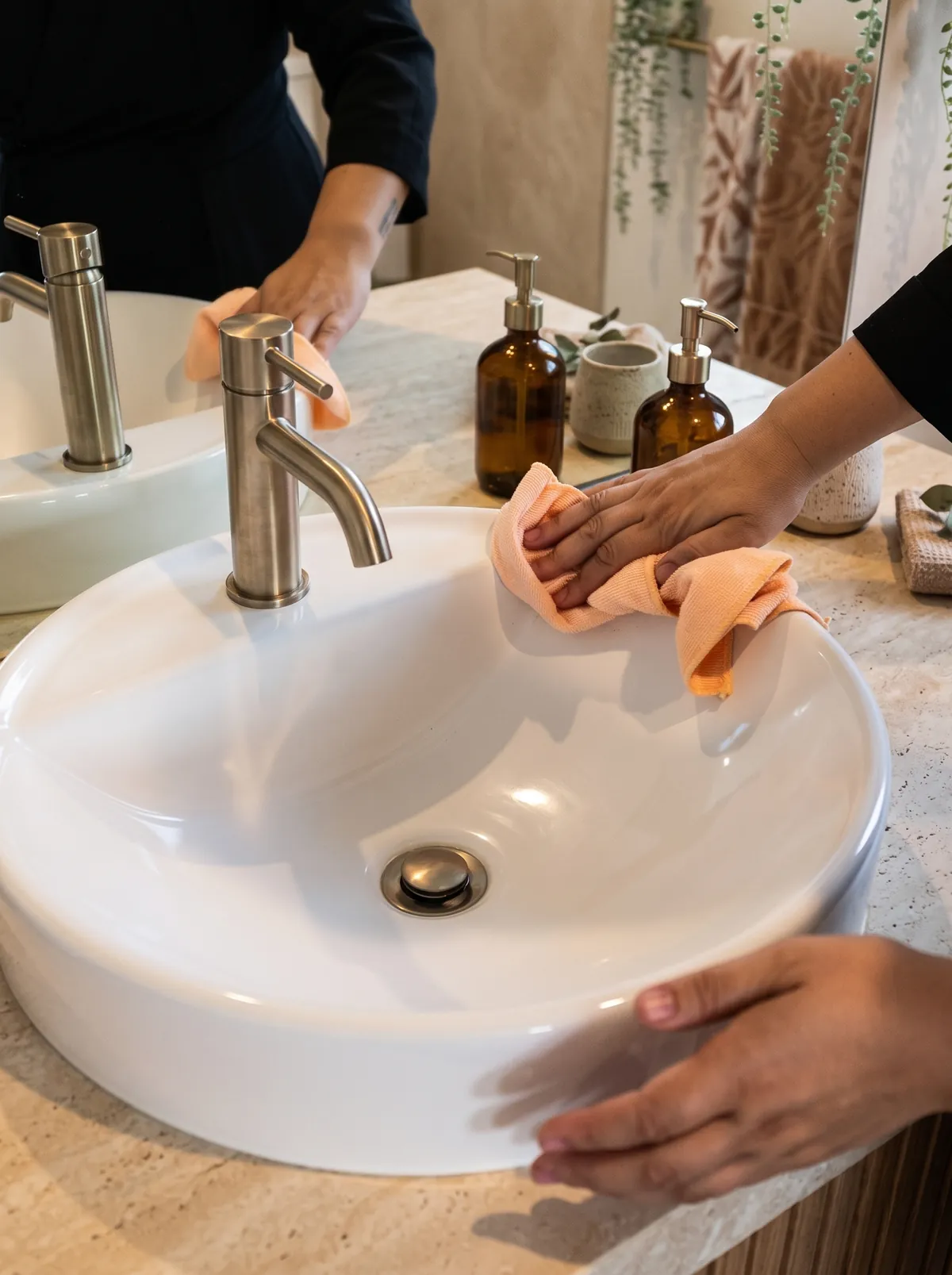 Wiping a round basin on a stone vanity