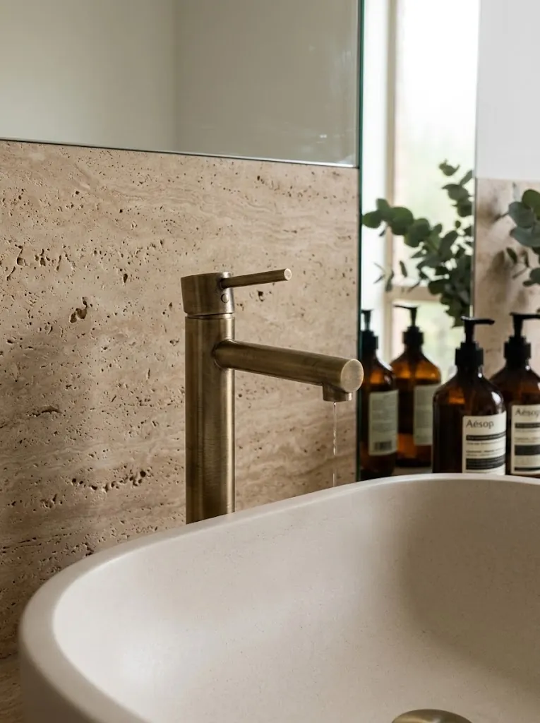 A brushed tap over a stone basin