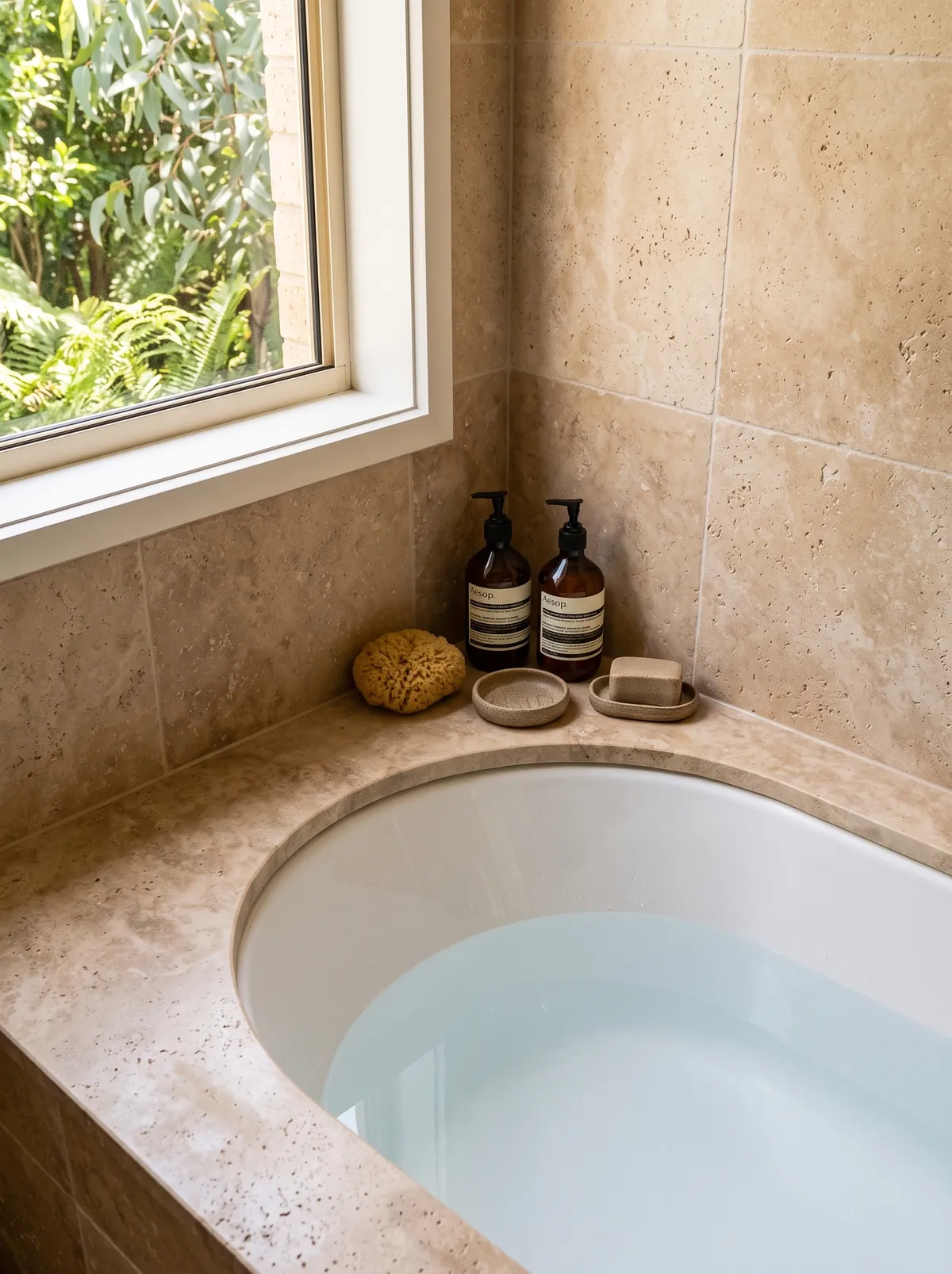 Hand wash and lotion set out beside a clean bath