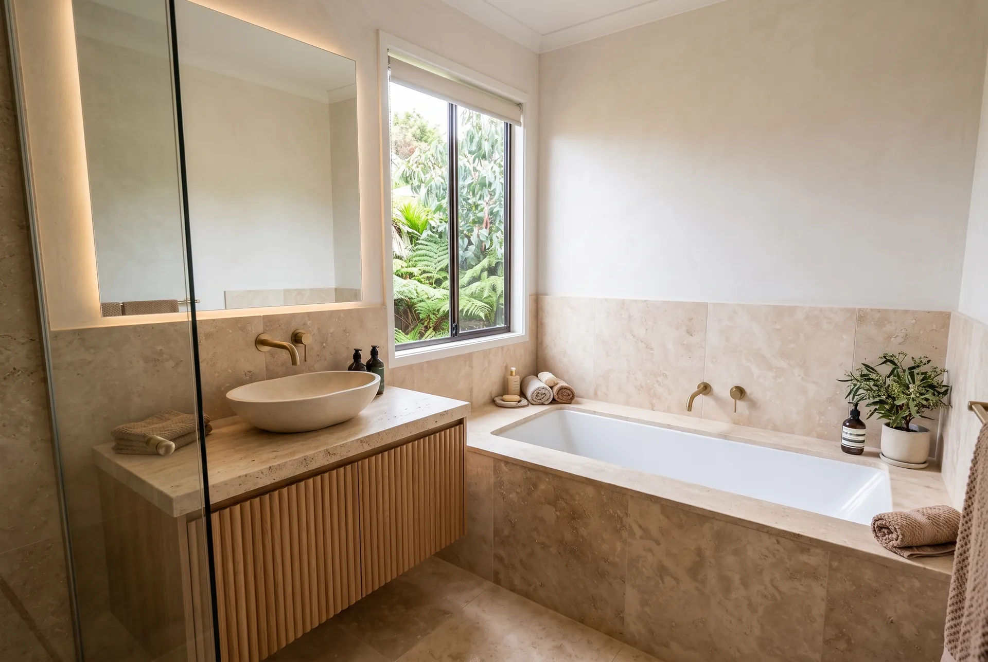 A clean bathroom with a timber vanity, stone basin and bath