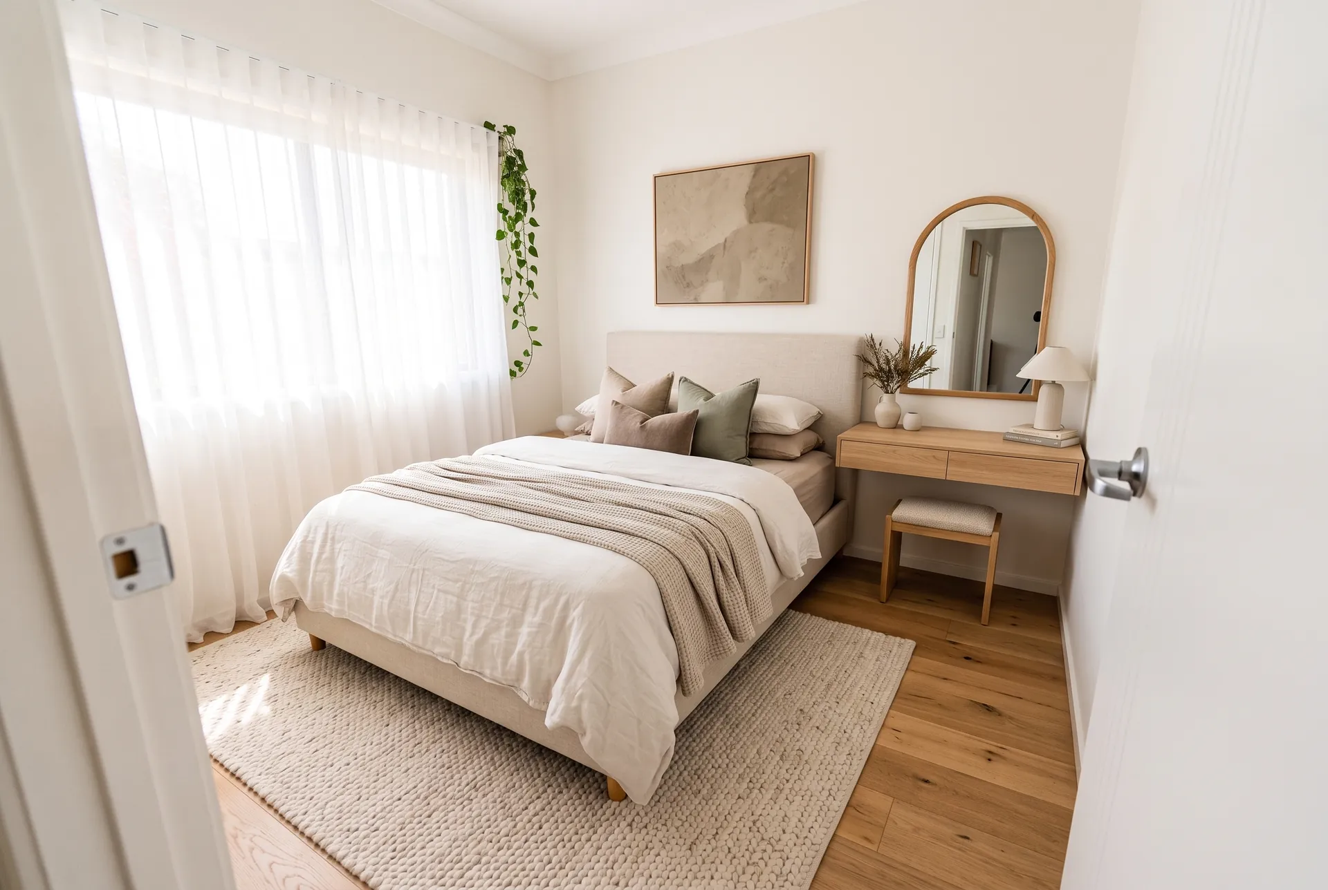 A freshly made bed in a bright bedroom