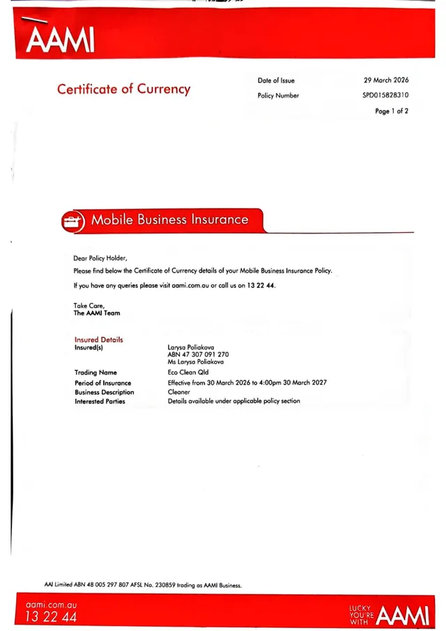 AAMI certificate of currency for Eco Clean Qld