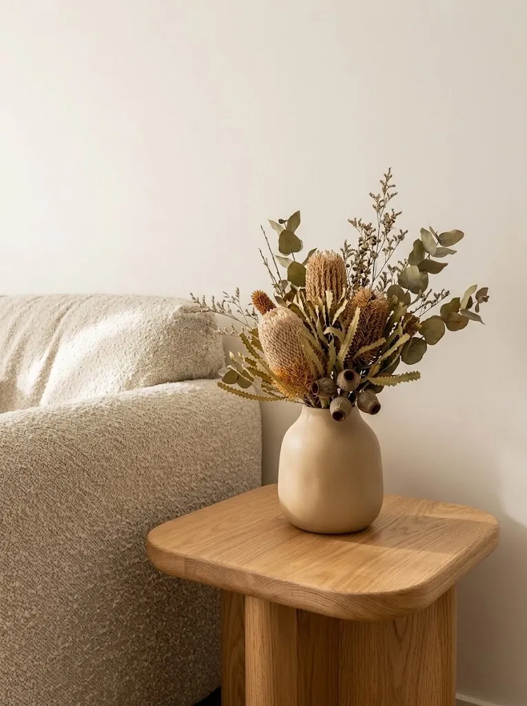 Dried native flowers in a vase on a timber side table