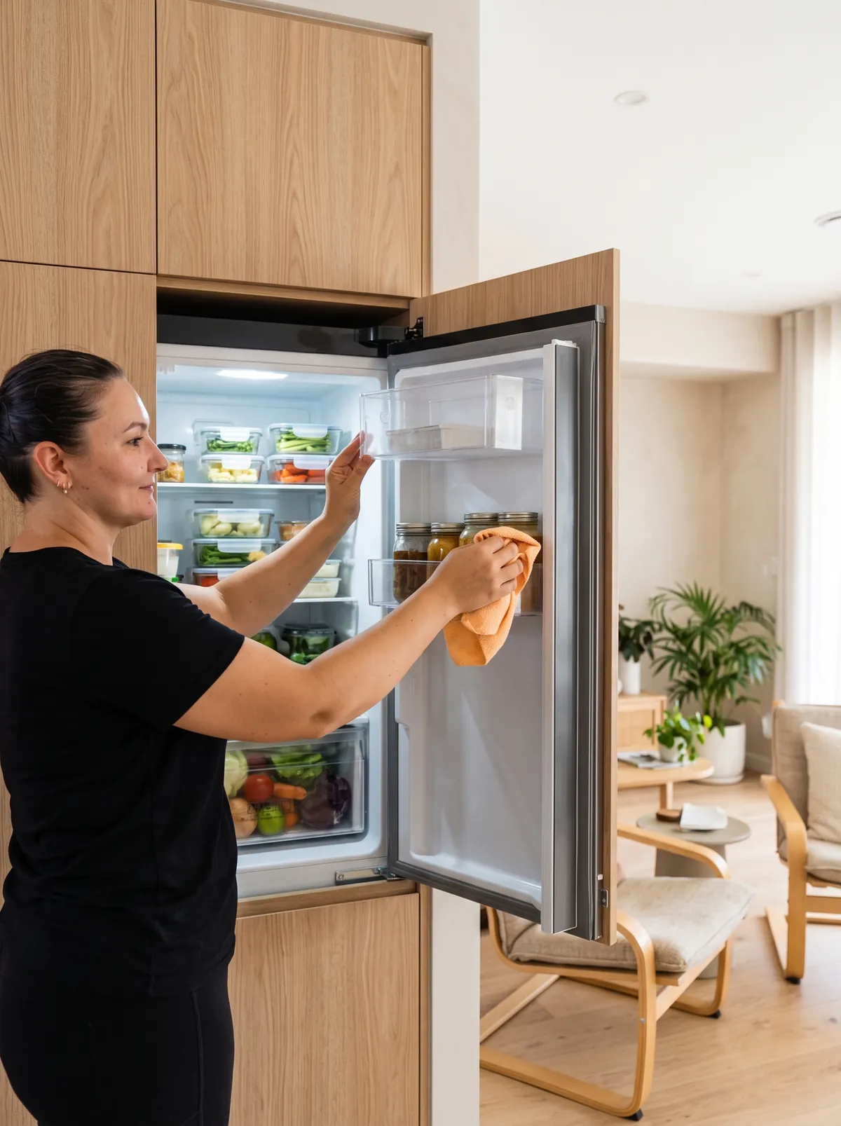 Wiping the inside of a fridge door