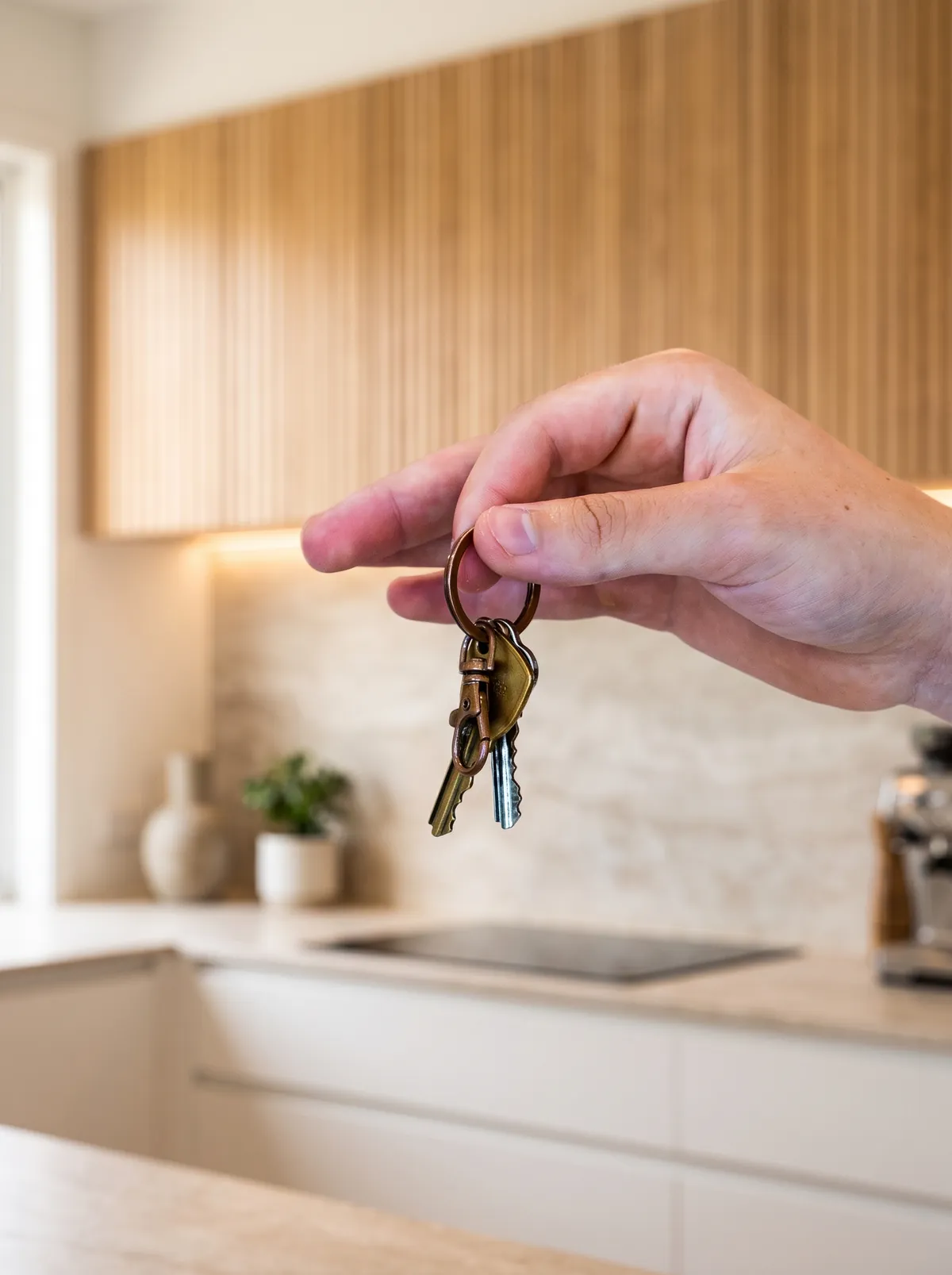 House keys held up in a clean kitchen
