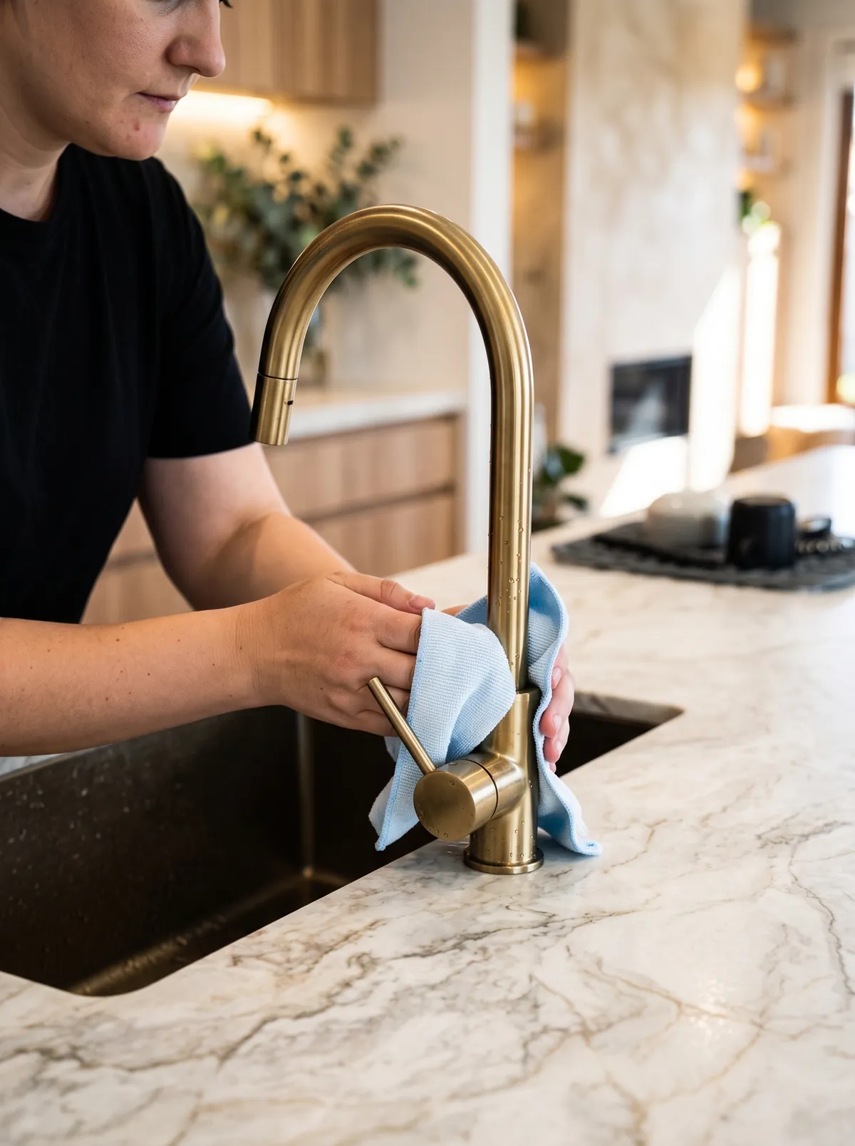 Polishing a brass kitchen tap over a marble benchtop