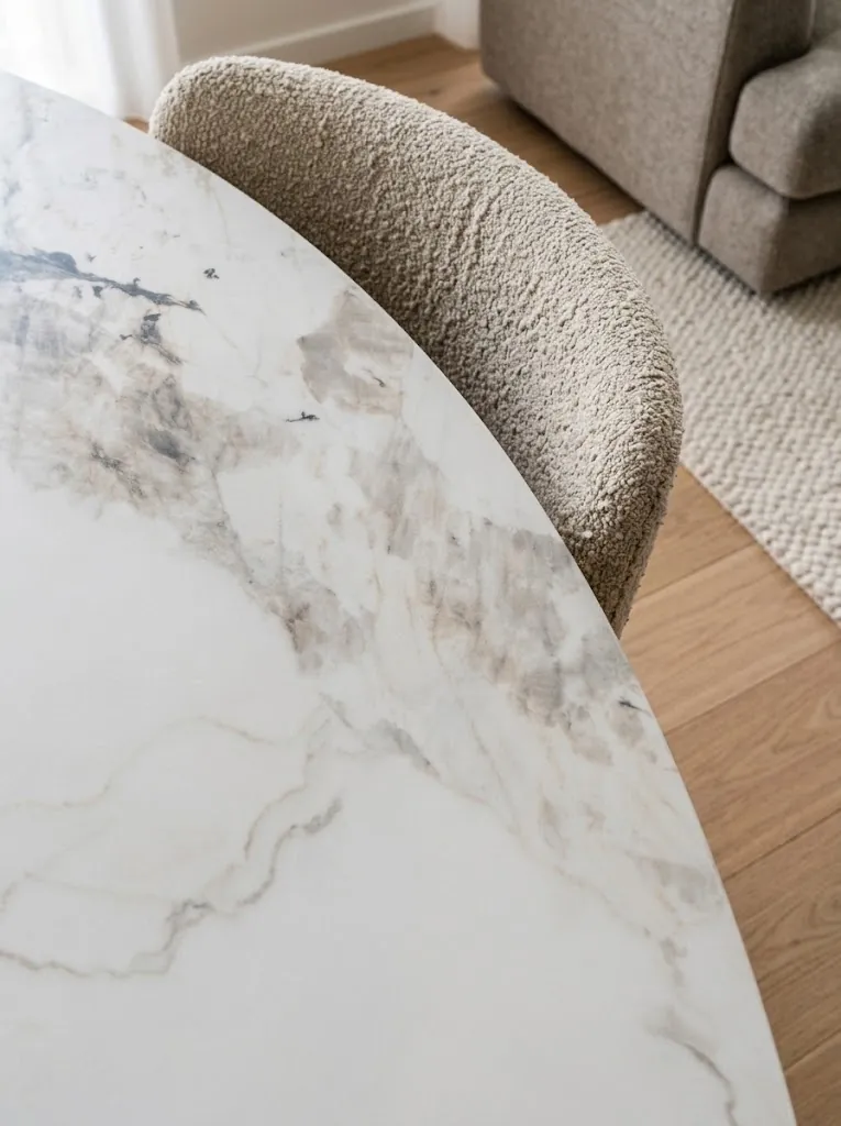 The edge of a marble dining table beside a boucle chair