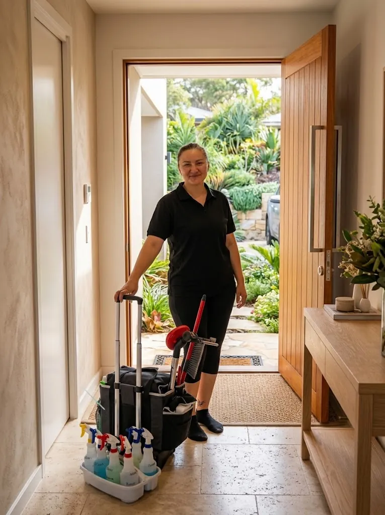 The owner arriving at a front door with a caddy of cleaning supplies