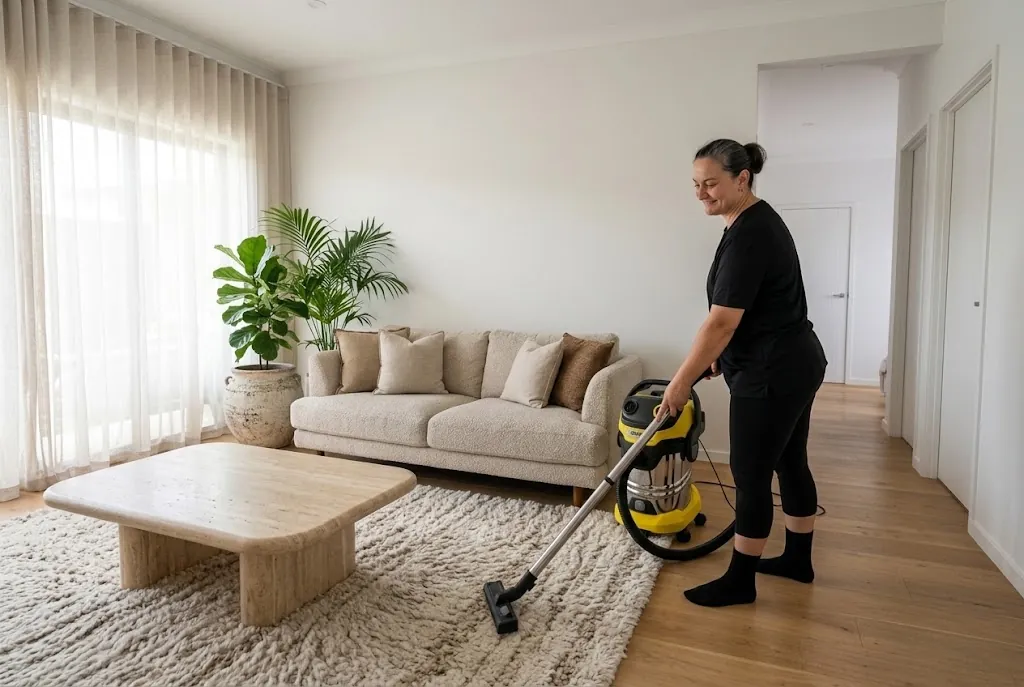 Vacuuming a rug in a bright living room