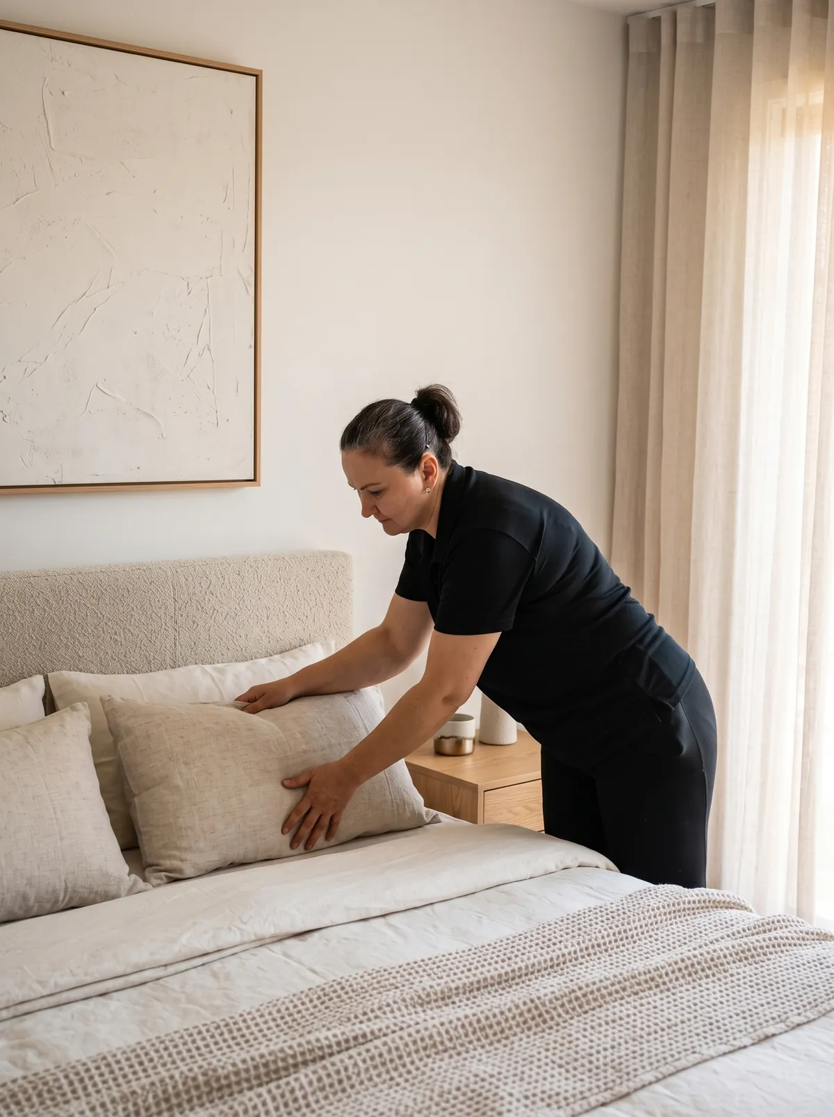 Arranging linen pillows on a freshly made bed